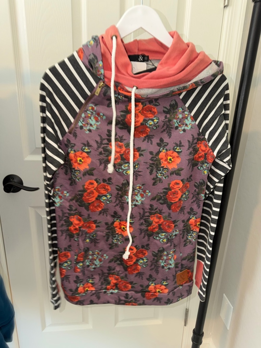 AMPERSAND AVE Purple Floral Striped Double Hoodie Sweatshirt with Coral Hood